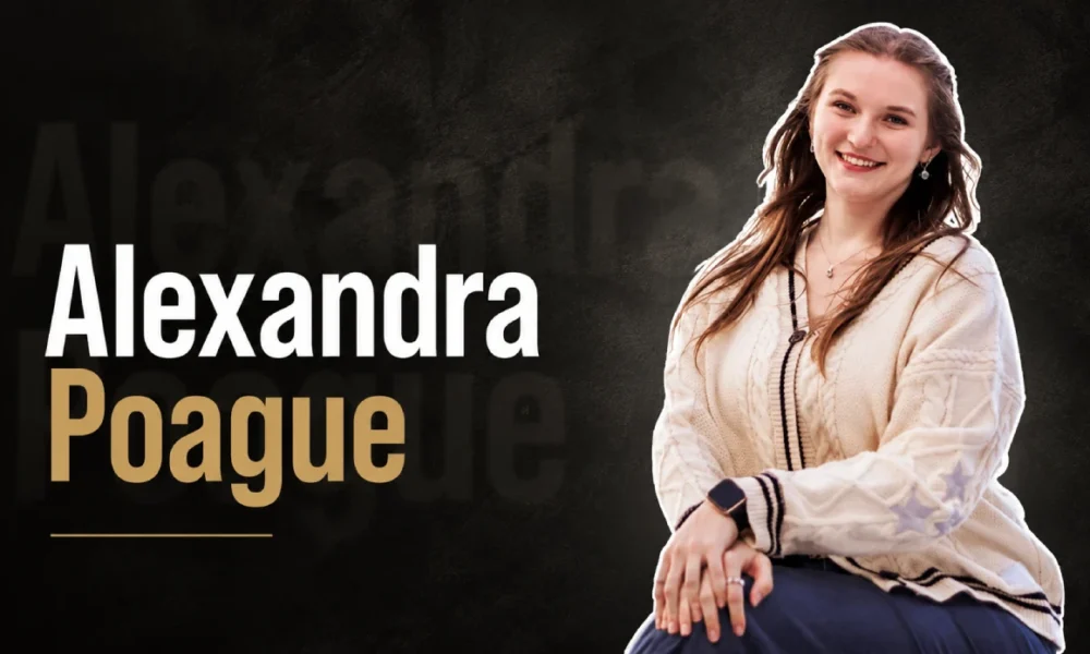 Alexandra Poague smiling during a biography profile highlighting her education, career, and creative work.