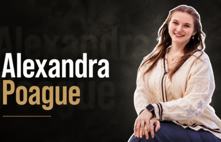 Alexandra Poague smiling during a biography profile highlighting her education, career, and creative work.