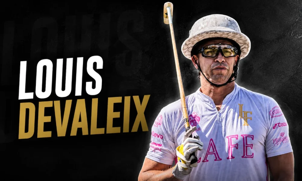 Louis Devaleix holding a polo mallet during a professional polo match.