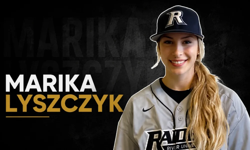 Marika Lyszczyk wearing a River University baseball uniform